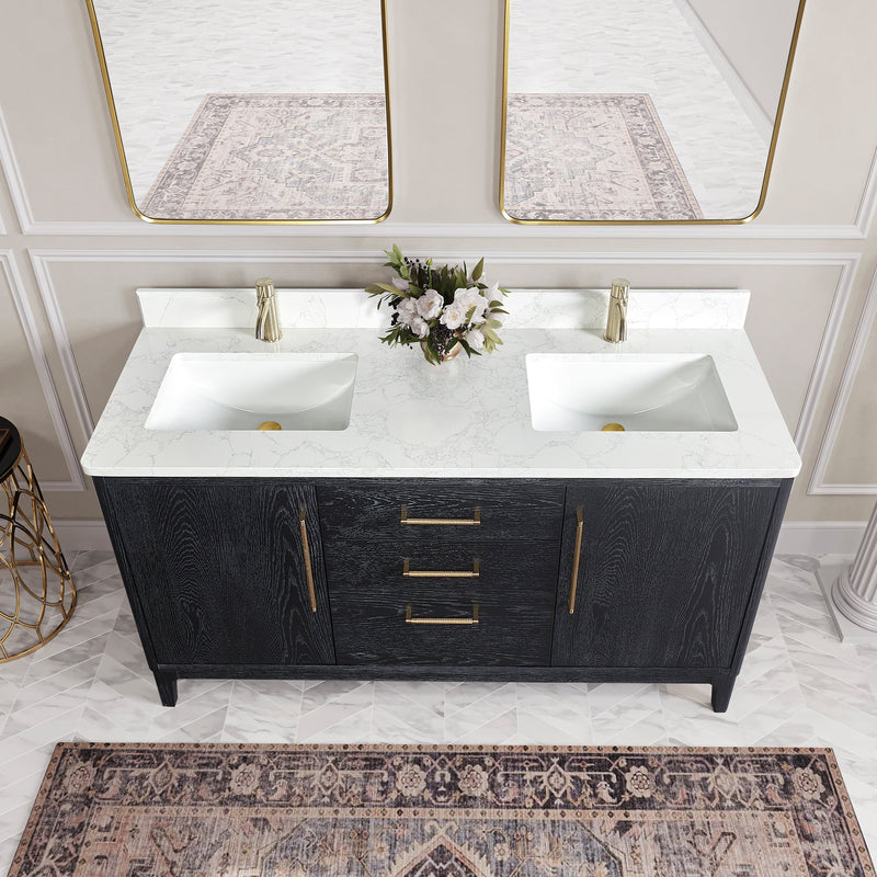 Vinnova 706760M-FB-GW Gara 60M" Free-standing Double Bath Vanity in Fir Wood Black with White Grain Composite Stone Top