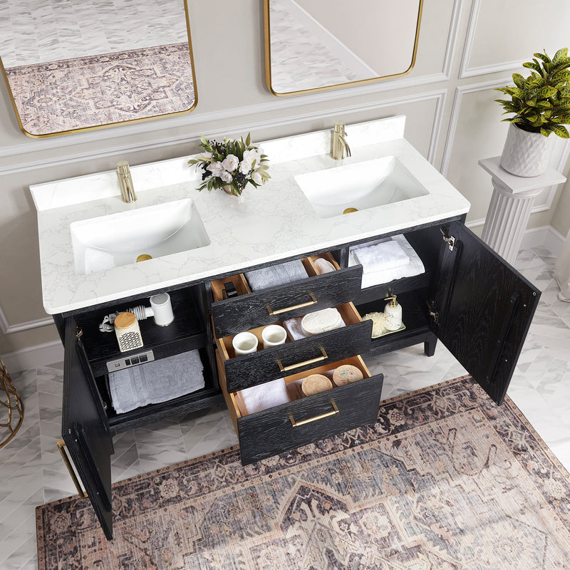 Vinnova 706760M-FB-GW Gara 60M" Free-standing Double Bath Vanity in Fir Wood Black with White Grain Composite Stone Top