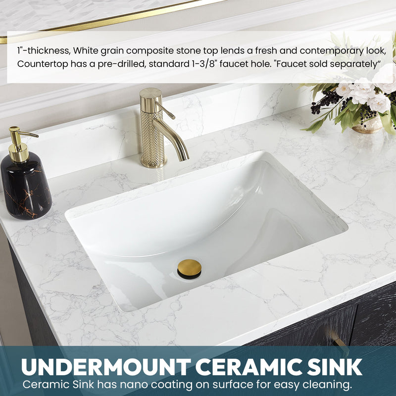 Vinnova 706760M-FB-GW Gara 60M" Free-standing Double Bath Vanity in Fir Wood Black with White Grain Composite Stone Top