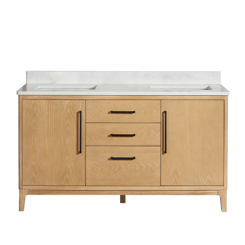 Vinnova 706760M-WA-GW 60M" Free-standing Double Bath Vanity in Washed Ash Grey with White Grain Composite Stone Top