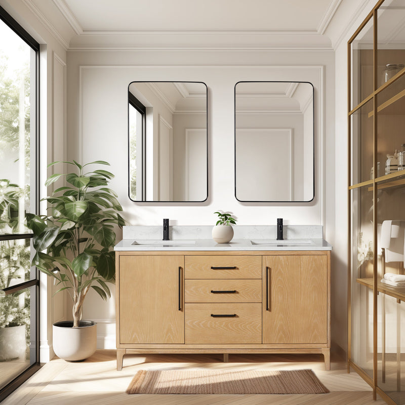 Vinnova 706760M-WA-GW 60M" Free-standing Double Bath Vanity in Washed Ash Grey with White Grain Composite Stone Top