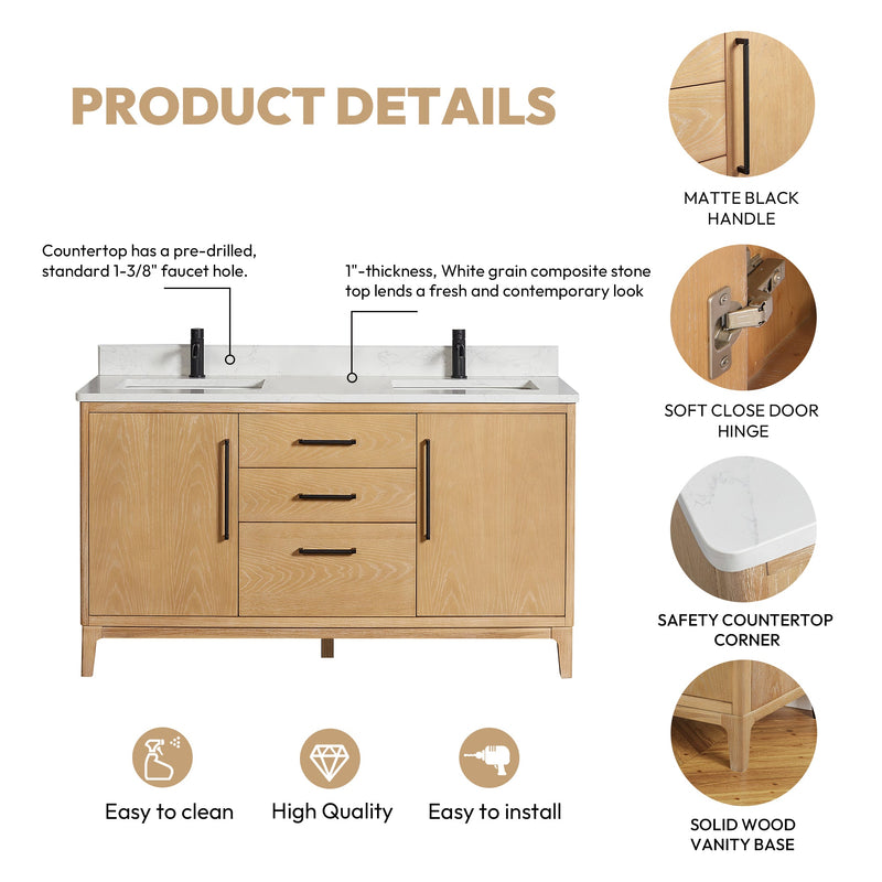 Vinnova 706760M-WA-GW 60M" Free-standing Double Bath Vanity in Washed Ash Grey with White Grain Composite Stone Top