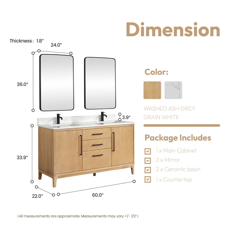 Vinnova 706760M-WA-GW 60M" Free-standing Double Bath Vanity in Washed Ash Grey with White Grain Composite Stone Top