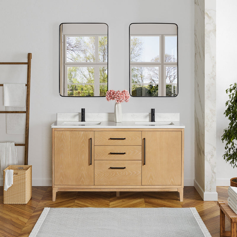 Vinnova 706760M-WA-GW 60M" Free-standing Double Bath Vanity in Washed Ash Grey with White Grain Composite Stone Top