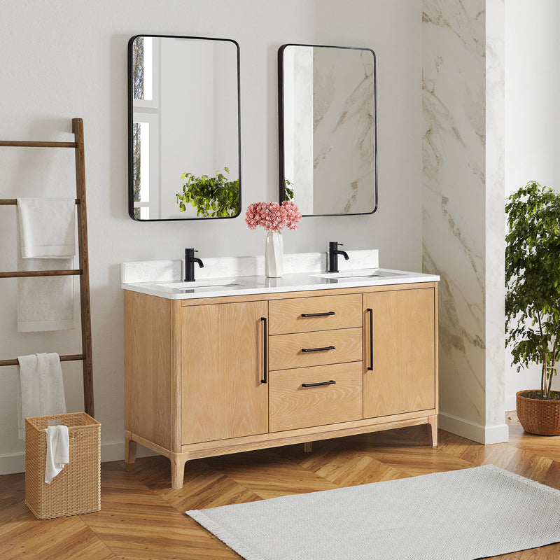 Vinnova 706760M-WA-GW 60M" Free-standing Double Bath Vanity in Washed Ash Grey with White Grain Composite Stone Top
