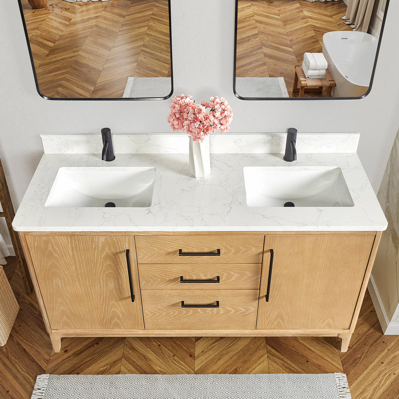 Vinnova 706760M-WA-GW 60M" Free-standing Double Bath Vanity in Washed Ash Grey with White Grain Composite Stone Top