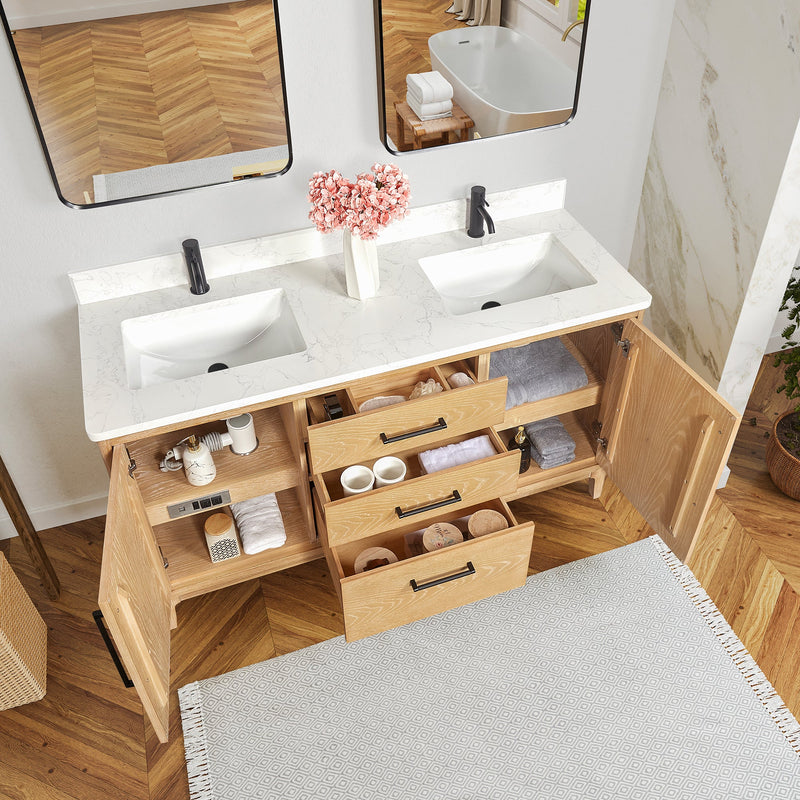Vinnova 706760M-WA-GW 60M" Free-standing Double Bath Vanity in Washed Ash Grey with White Grain Composite Stone Top