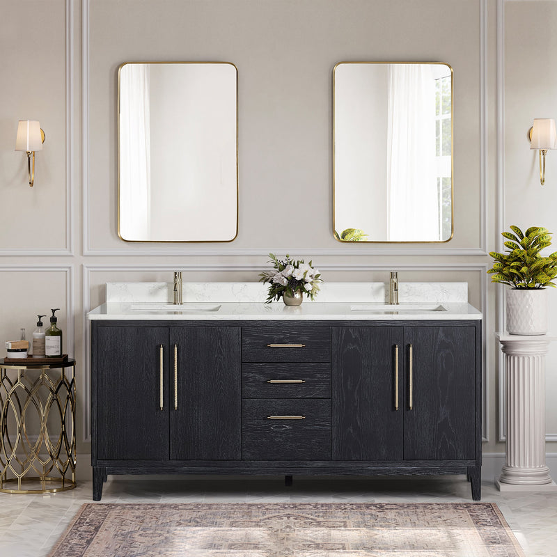 Vinnova 706772-FB-GW Gara 72" Free-standing Double Bath Vanity in Fir Wood Black with White Grain Composite Stone Top