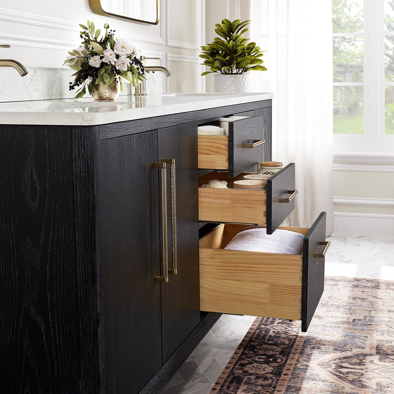 Vinnova 706772-FB-GW Gara 72" Free-standing Double Bath Vanity in Fir Wood Black with White Grain Composite Stone Top