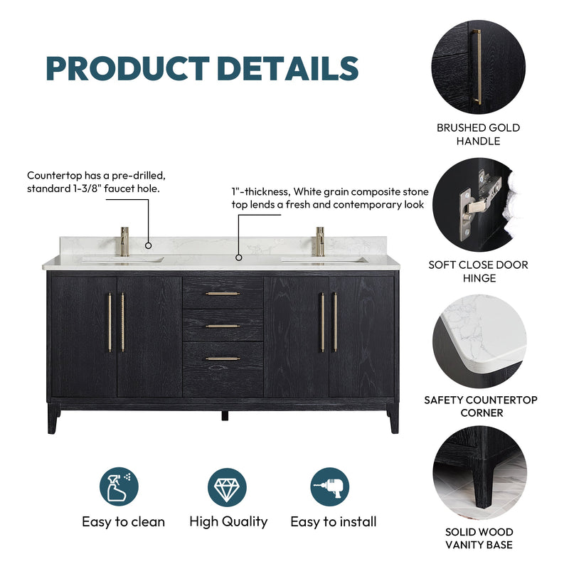Vinnova 706772-FB-GW Gara 72" Free-standing Double Bath Vanity in Fir Wood Black with White Grain Composite Stone Top