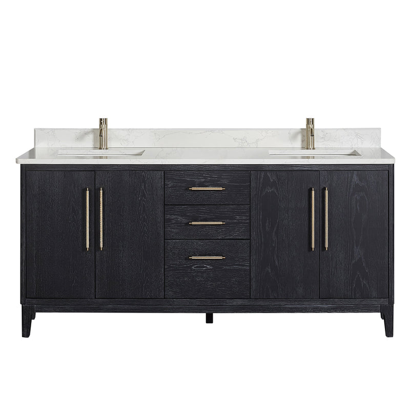 Vinnova 706772-FB-GW Gara 72" Free-standing Double Bath Vanity in Fir Wood Black with White Grain Composite Stone Top