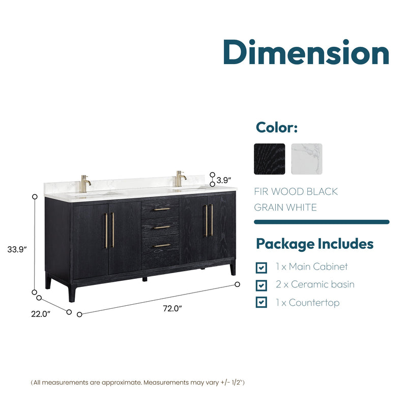 Vinnova 706772-FB-GW Gara 72" Free-standing Double Bath Vanity in Fir Wood Black with White Grain Composite Stone Top