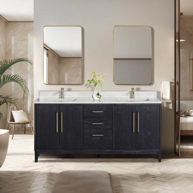 Vinnova 706772-FB-GW Gara 72" Free-standing Double Bath Vanity in Fir Wood Black with White Grain Composite Stone Top