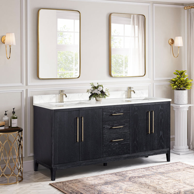 Vinnova 706772-FB-GW Gara 72" Free-standing Double Bath Vanity in Fir Wood Black with White Grain Composite Stone Top