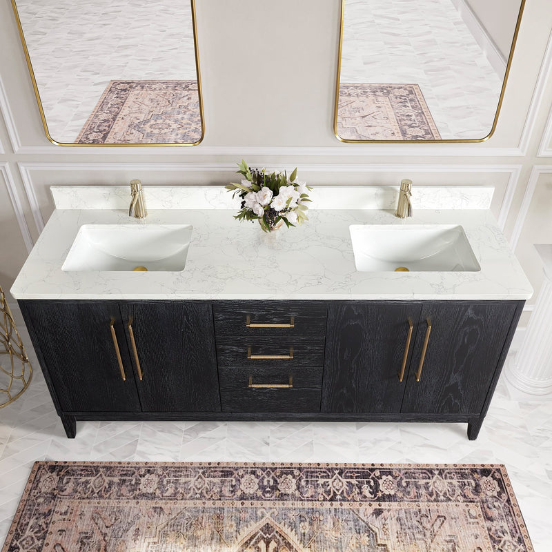Vinnova 706772-FB-GW Gara 72" Free-standing Double Bath Vanity in Fir Wood Black with White Grain Composite Stone Top