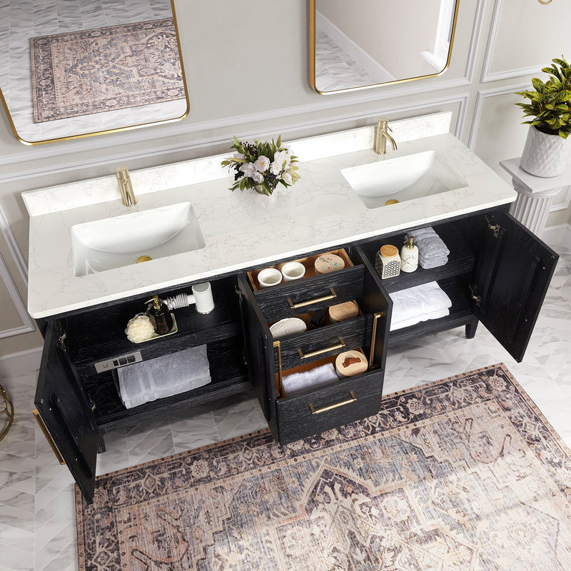 Vinnova 706772-FB-GW Gara 72" Free-standing Double Bath Vanity in Fir Wood Black with White Grain Composite Stone Top