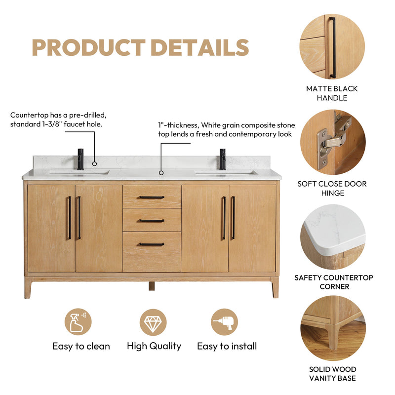 Vinnova 706772-WA-GW Gara 72" Free-standing Double Bath Vanity in Washed Ash Grey with White Grain Composite Stone Top
