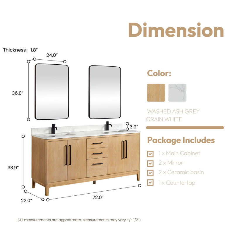 Vinnova 706772-WA-GW Gara 72" Free-standing Double Bath Vanity in Washed Ash Grey with White Grain Composite Stone Top