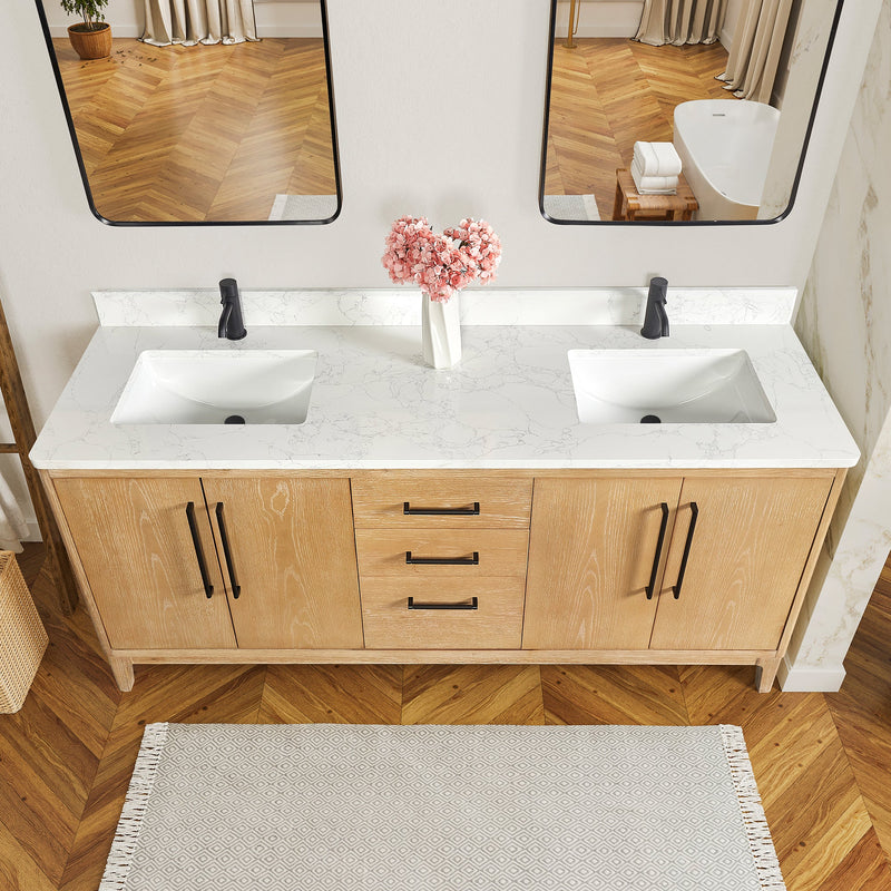 Vinnova 706772-WA-GW Gara 72" Free-standing Double Bath Vanity in Washed Ash Grey with White Grain Composite Stone Top