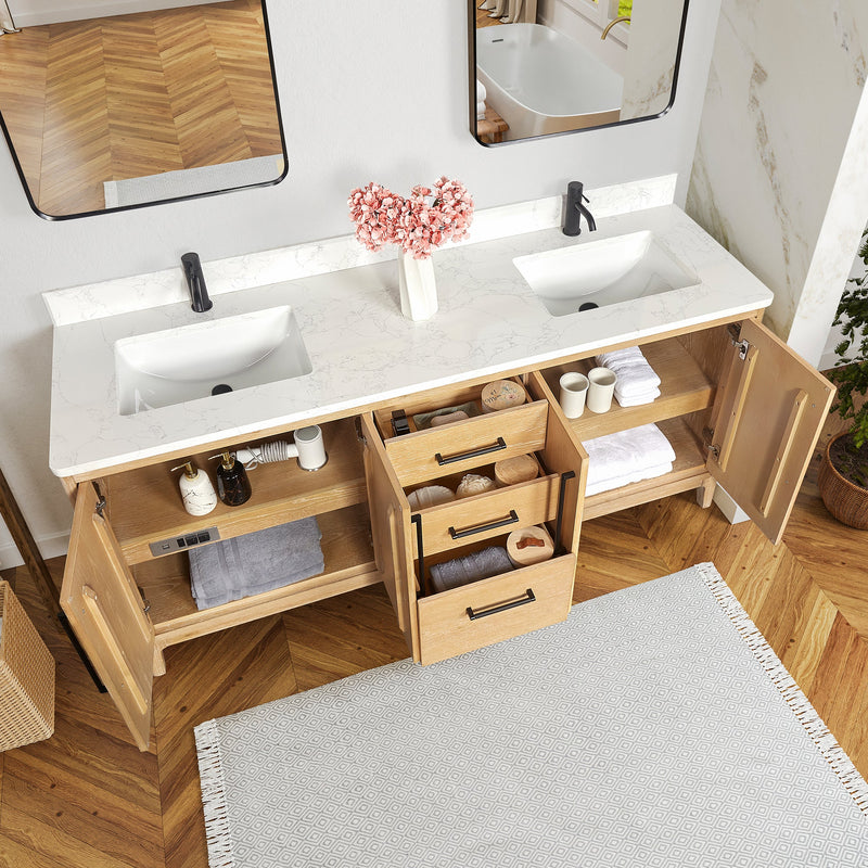 Vinnova 706772-WA-GW Gara 72" Free-standing Double Bath Vanity in Washed Ash Grey with White Grain Composite Stone Top