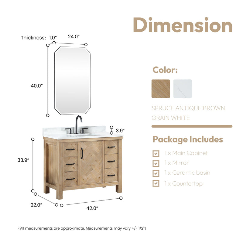 Vinnova 706842-AR-GW Javier 42" Free-standing Single Bath Vanity in Spruce Antique Brown with White Grain Composite Stone Top