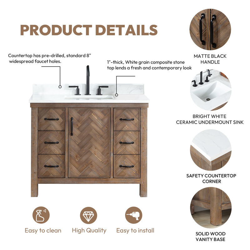 Vinnova 706842-AY-GW Javier 42" Free-standing Single Bath Vanity in Spruce Antique Gray with White Grain Composite Stone Top