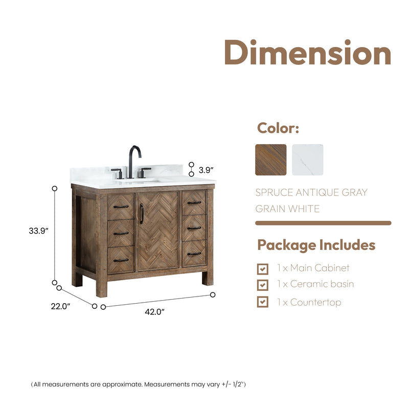 Vinnova 706842-AY-GW Javier 42" Free-standing Single Bath Vanity in Spruce Antique Gray with White Grain Composite Stone Top