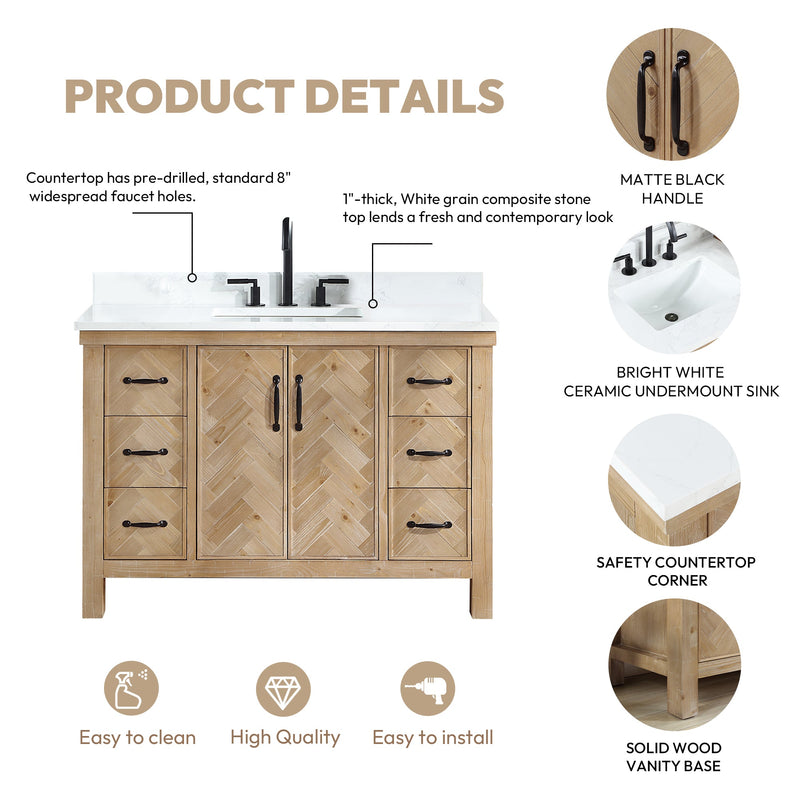 Vinnova 706848-AR-GW Javier 48" Free-standing Single Bath Vanity in Spruce Antique Brown with White Grain Composite Stone Top