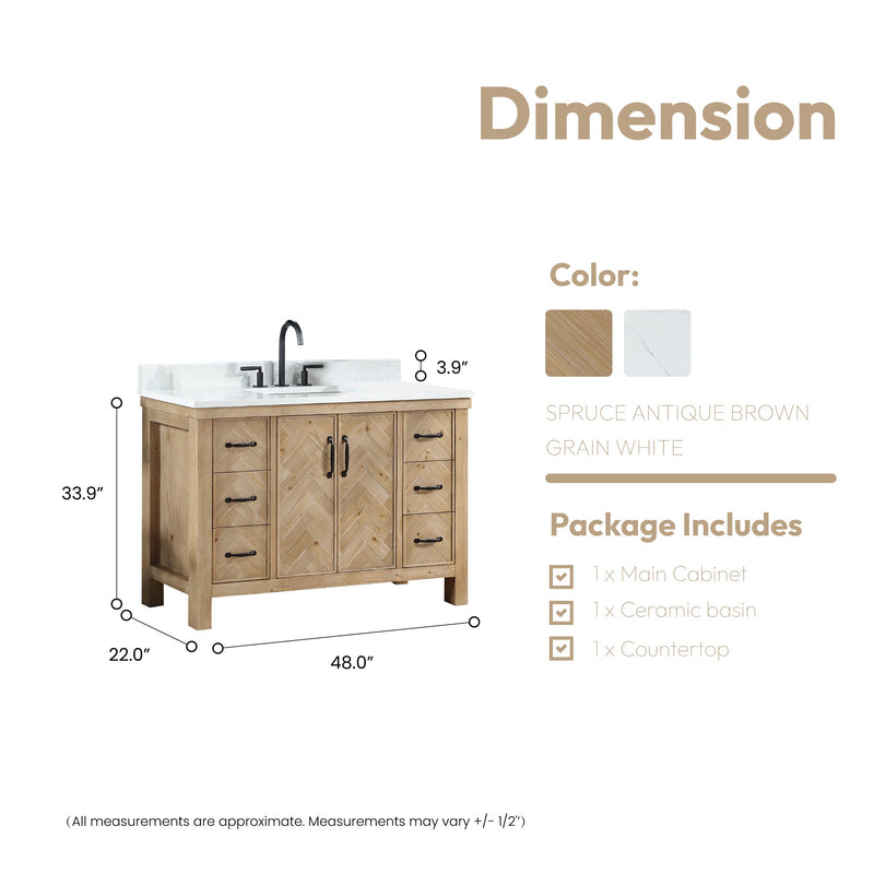 Vinnova 706848-AR-GW Javier 48" Free-standing Single Bath Vanity in Spruce Antique Brown with White Grain Composite Stone Top