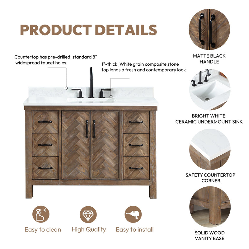 Vinnova 706848-AY-GW Javier 48" Free-standing Single Bath Vanity in Spruce Antique Gray with White Grain Composite Stone Top