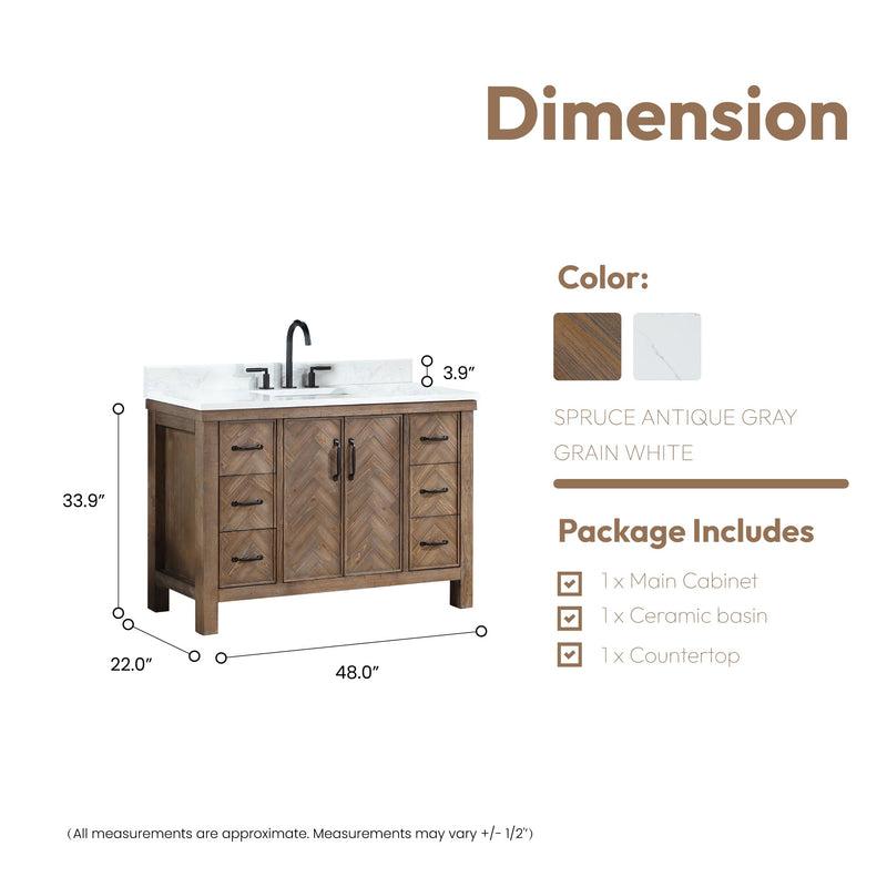 Vinnova 706848-AY-GW Javier 48" Free-standing Single Bath Vanity in Spruce Antique Gray with White Grain Composite Stone Top