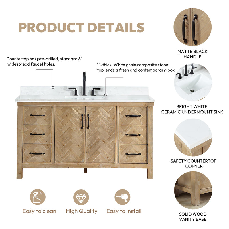 Vinnova 706860-AR-GW Javier 60" Free-standing Single Bath Vanity in Spruce Antique Brown with White Grain Composite Stone Top