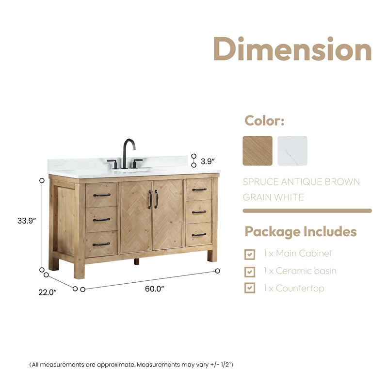 Vinnova 706860-AR-GW Javier 60" Free-standing Single Bath Vanity in Spruce Antique Brown with White Grain Composite Stone Top
