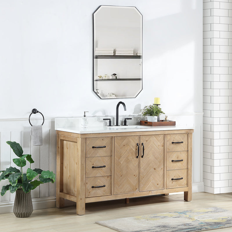 Vinnova 706860-AR-GW Javier 60" Free-standing Single Bath Vanity in Spruce Antique Brown with White Grain Composite Stone Top