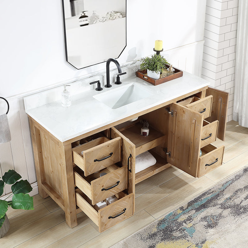 Vinnova 706860-AR-GW Javier 60" Free-standing Single Bath Vanity in Spruce Antique Brown with White Grain Composite Stone Top