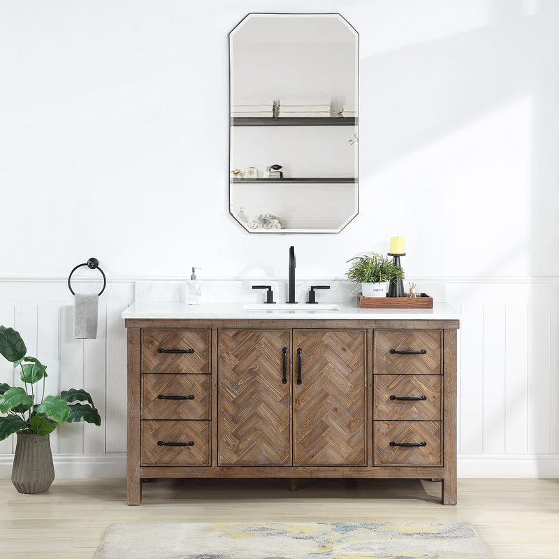 Vinnova 706860-AY-GW Javier 60" Free-standing Single Bath Vanity in Spruce Antique Gray with White Grain Composite Stone Top