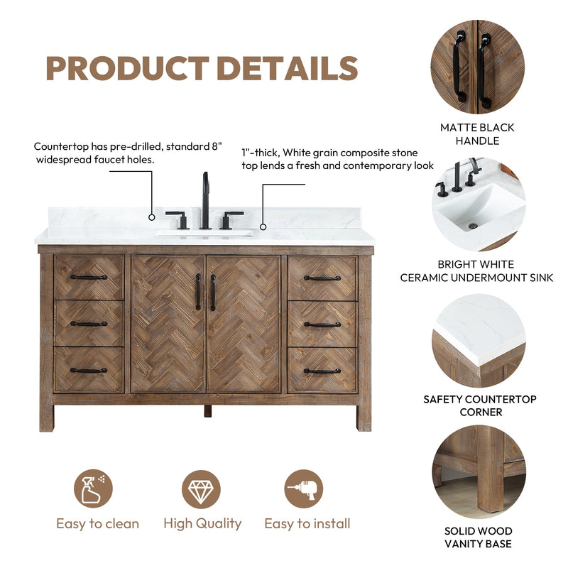 Vinnova 706860-AY-GW Javier 60" Free-standing Single Bath Vanity in Spruce Antique Gray with White Grain Composite Stone Top