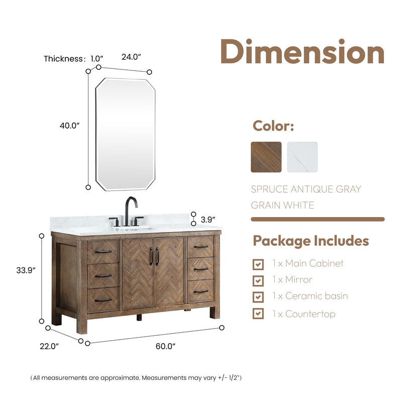 Vinnova 706860-AY-GW Javier 60" Free-standing Single Bath Vanity in Spruce Antique Gray with White Grain Composite Stone Top