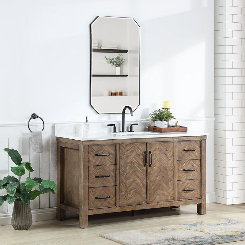 Vinnova 706860-AY-GW Javier 60" Free-standing Single Bath Vanity in Spruce Antique Gray with White Grain Composite Stone Top