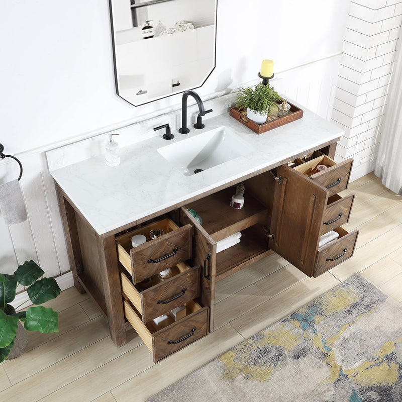 Vinnova 706860-AY-GW Javier 60" Free-standing Single Bath Vanity in Spruce Antique Gray with White Grain Composite Stone Top