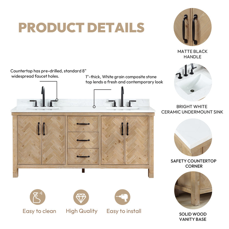 Vinnova 706872-AR-GW Javier 72" Free-standing Double Bath Vanity in Spruce Antique Brown with White Grain Composite Stone Top