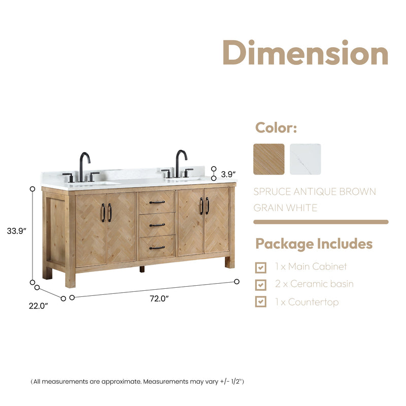 Vinnova 706872-AR-GW Javier 72" Free-standing Double Bath Vanity in Spruce Antique Brown with White Grain Composite Stone Top