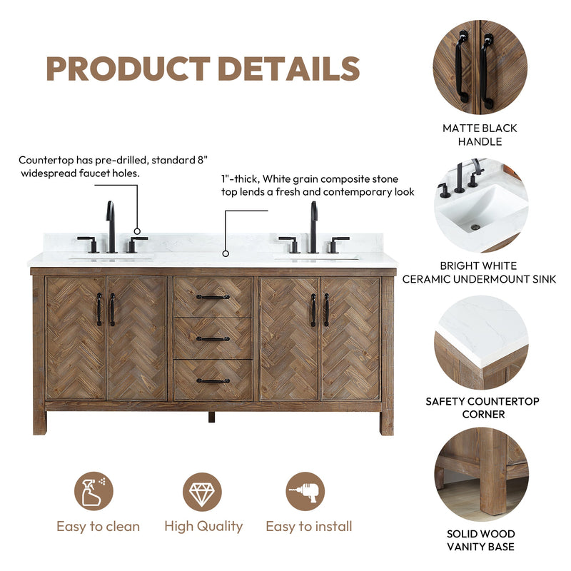 Vinnova 706872-AY-GW Javier 72" Free-standing Double Bath Vanity in Spruce Antique Gray with White Grain Composite Stone Top