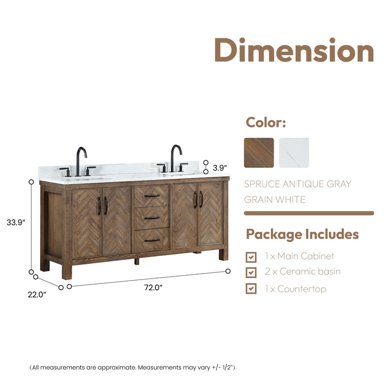Vinnova 706872-AY-GW Javier 72" Free-standing Double Bath Vanity in Spruce Antique Gray with White Grain Composite Stone Top