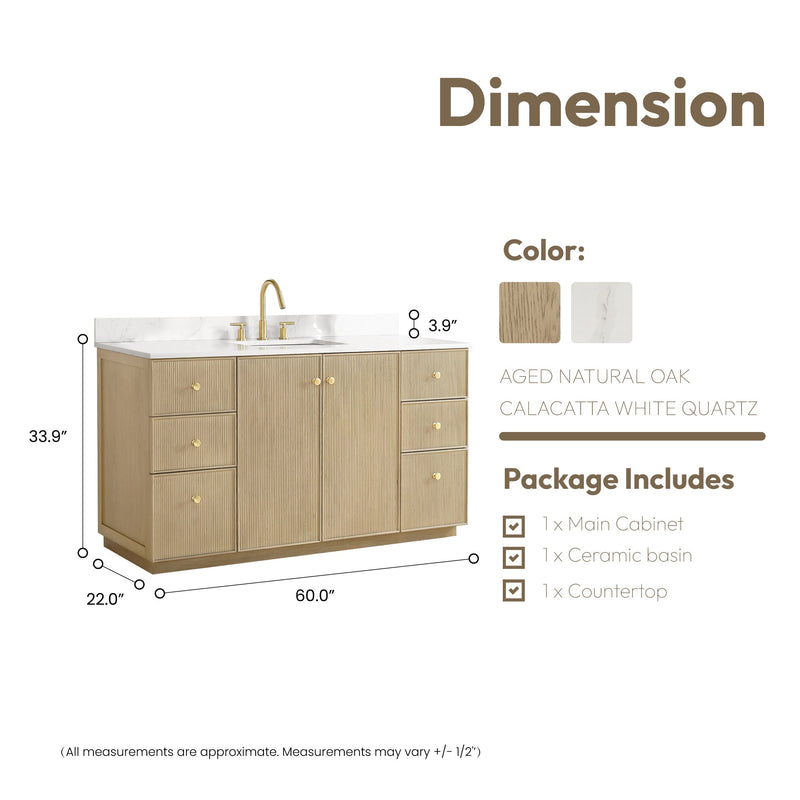 Vinnova 706960-AN-BK Oza 60" Free-standing Single Bath Vanity in Aged Natural Oak