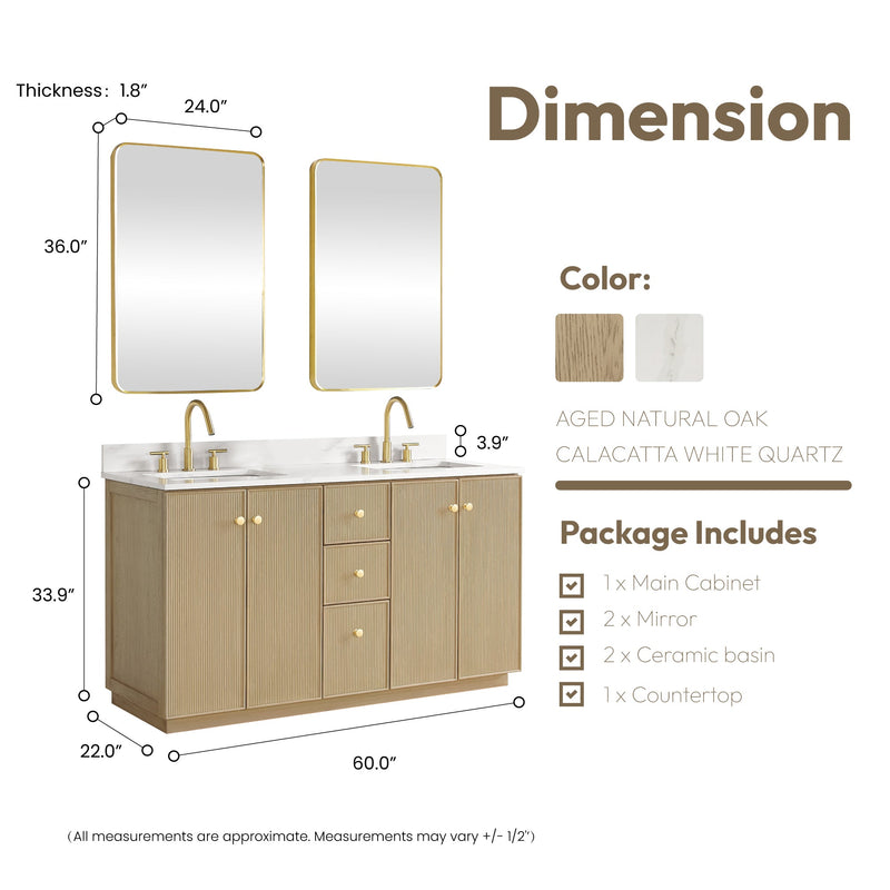 Vinnova 706960M-AN-BK Oza 60M" Free-standing Double Bath Vanity in Aged Natural Oak