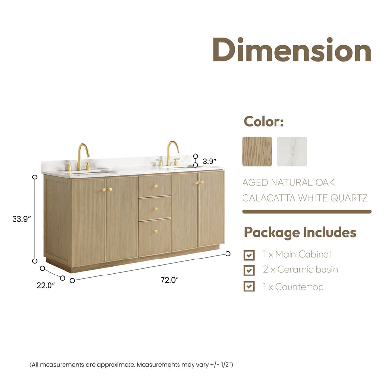 Vinnova 706972-AN-BK Oza 72" Free-standing Double Bath Vanity in Aged Natural Oak