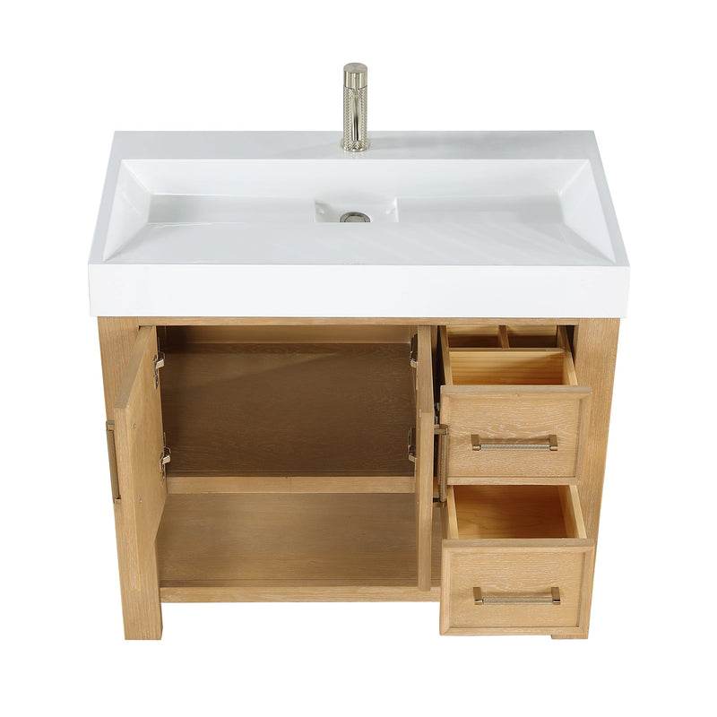Vinnova 707136-WA-WH Vera 36" Free-standing Single Bath Vanity in Washed Ash Grey with White Integrated Stone Sink Top