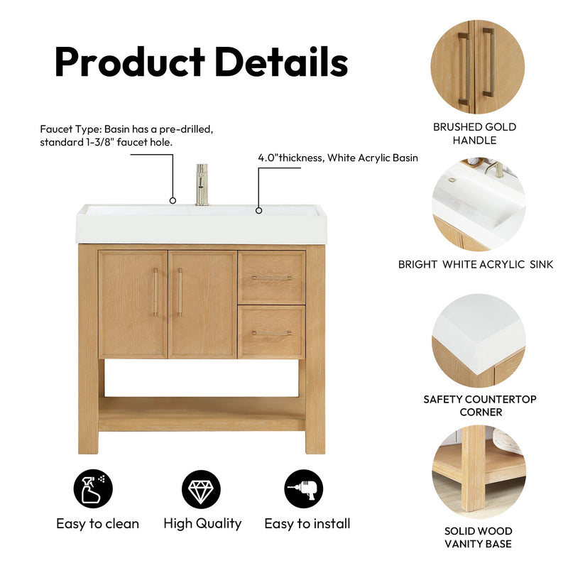 Vinnova 707136-WA-WH Vera 36" Free-standing Single Bath Vanity in Washed Ash Grey with White Integrated Stone Sink Top