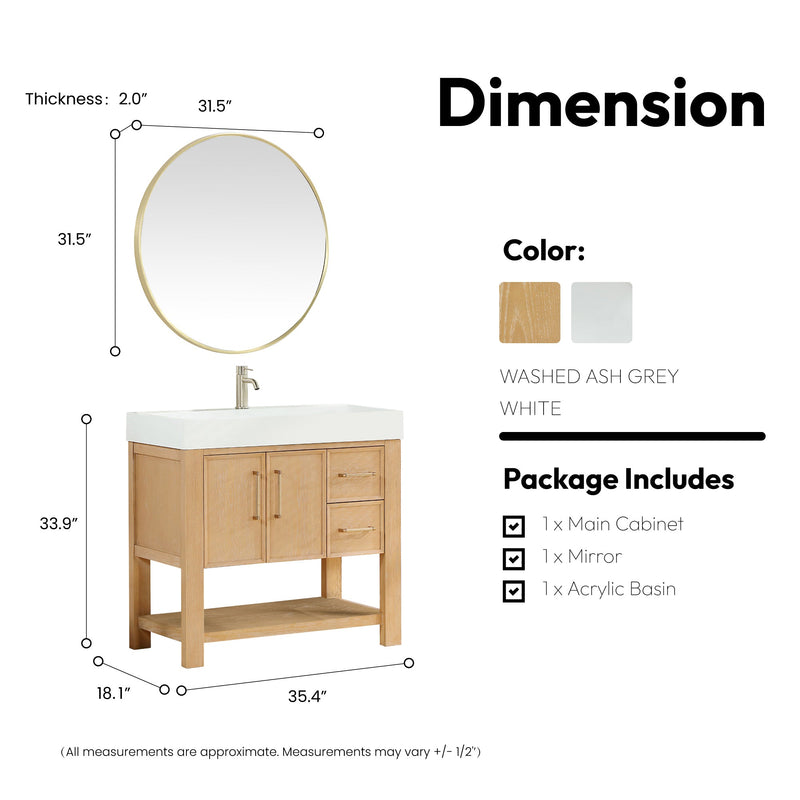Vinnova 707136-WA-WH Vera 36" Free-standing Single Bath Vanity in Washed Ash Grey with White Integrated Stone Sink Top